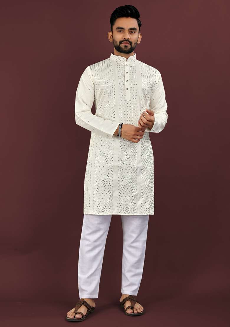 White Embroidery Silk Men Kurta Set - Indya