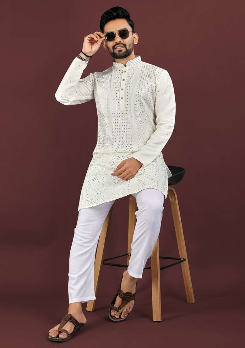 White Embroidery Silk Men Kurta Set - Indya
