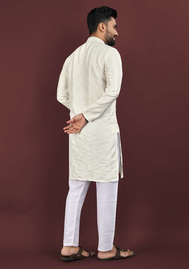 White Embroidery Silk Men Kurta Set - Indya
