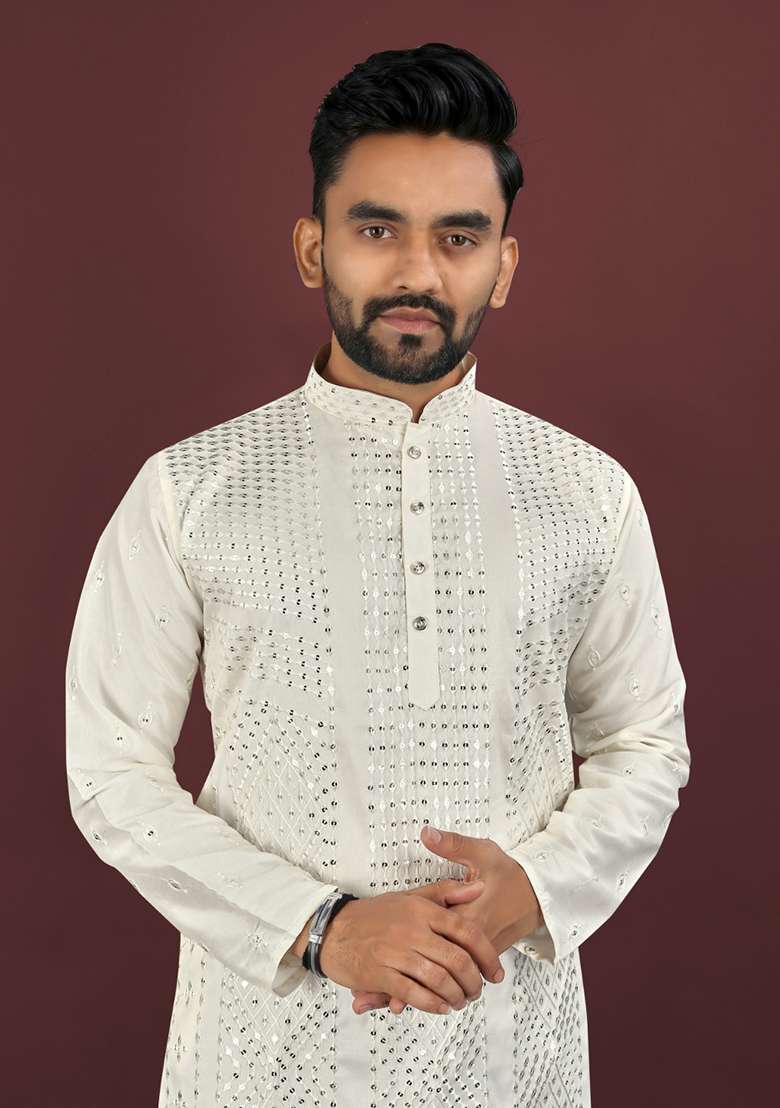 White Embroidery Silk Men Kurta Set - Indya