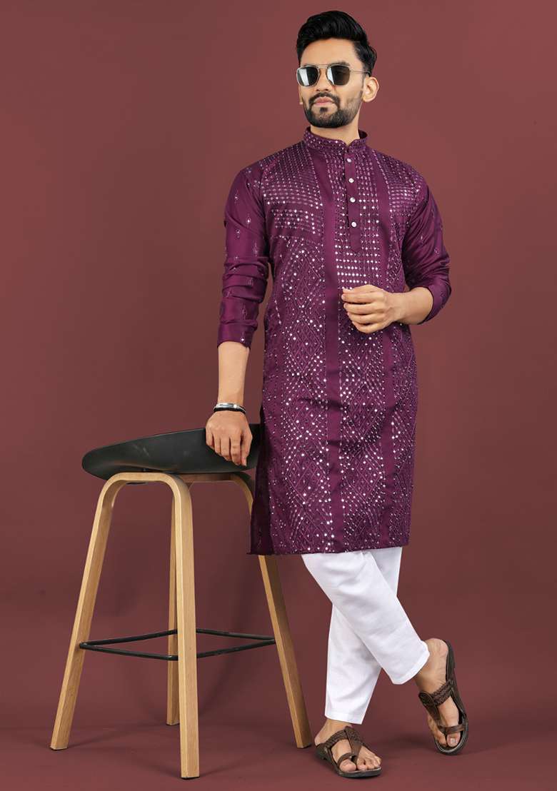 Purple Embroidery Silk Men Kurta Set - Indya