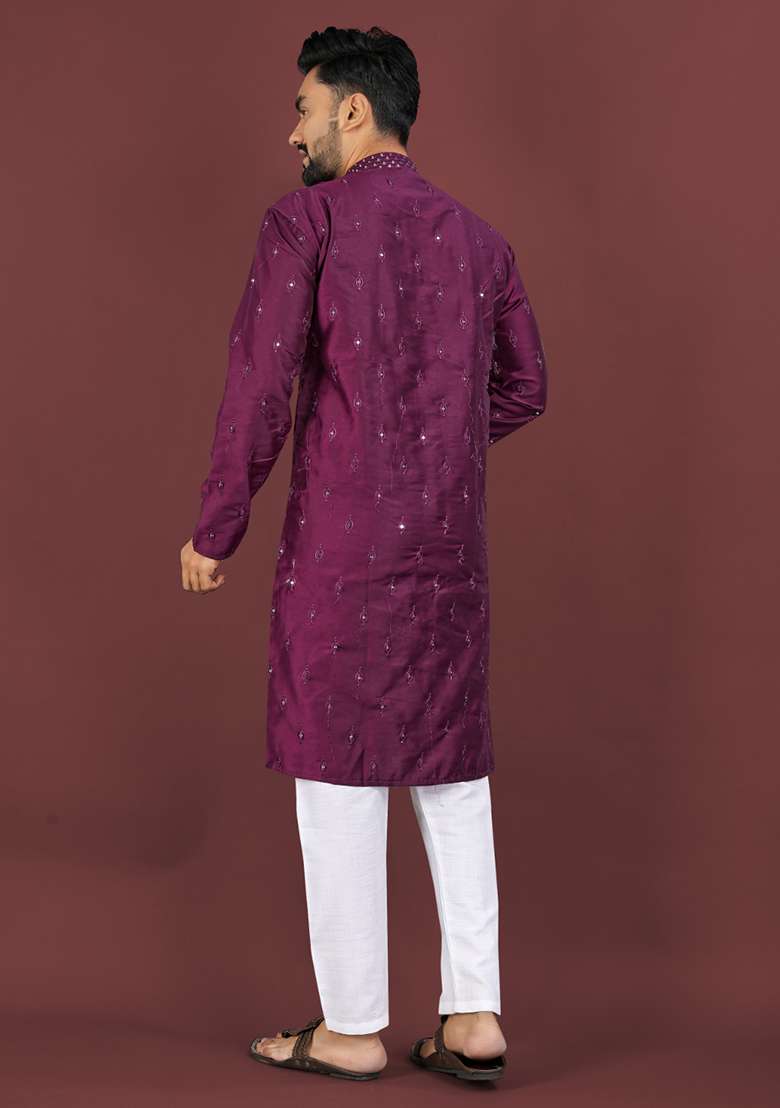 Purple Embroidery Silk Men Kurta Set - Indya