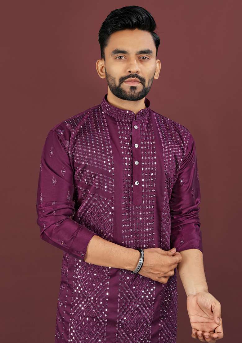Purple Embroidery Silk Men Kurta Set - Indya