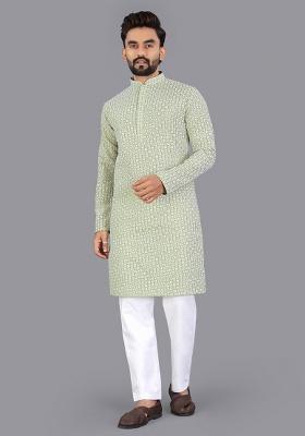 Green Embroidery Silk Men Kurta Set