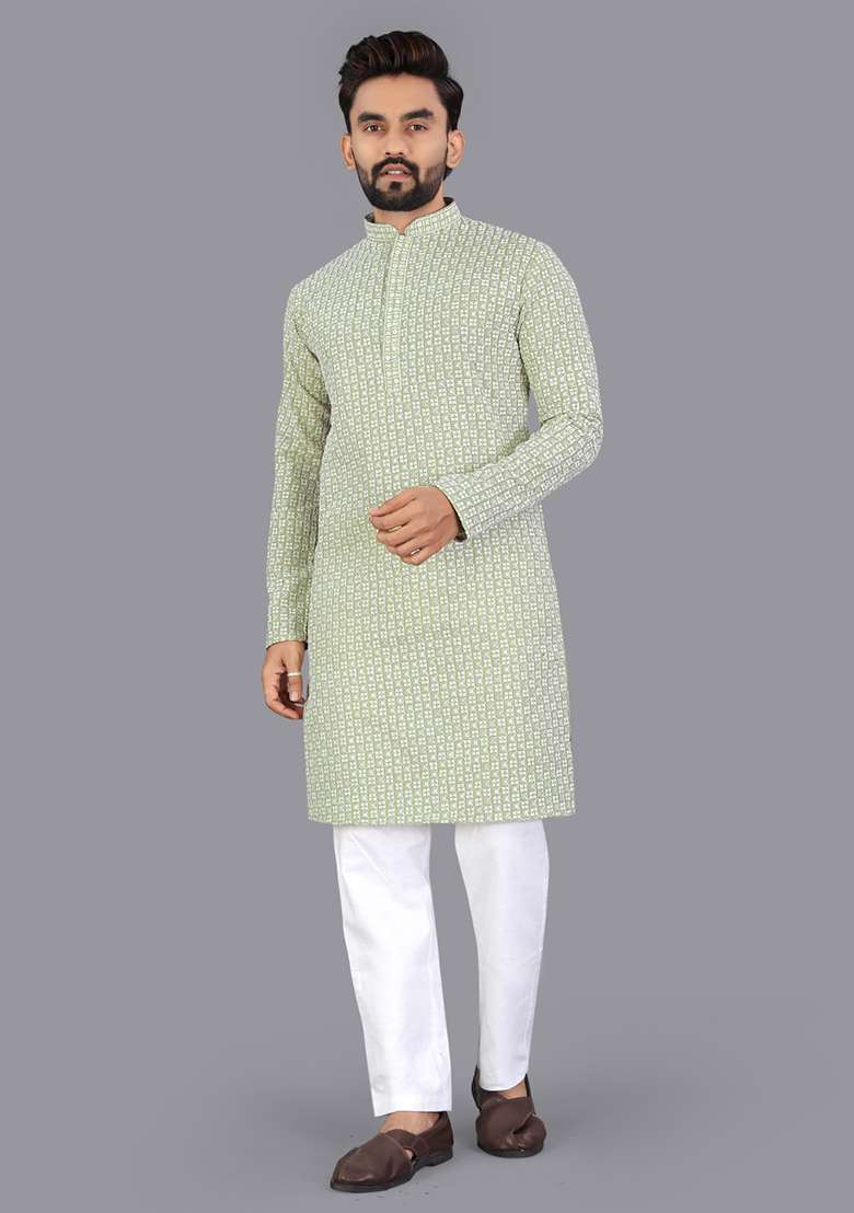 Green Embroidery Silk Men Kurta Set - Indya
