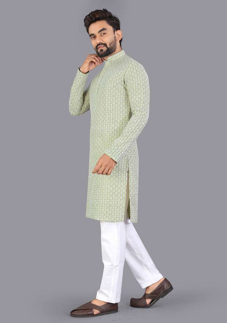 Green Embroidery Silk Men Kurta Set - Indya