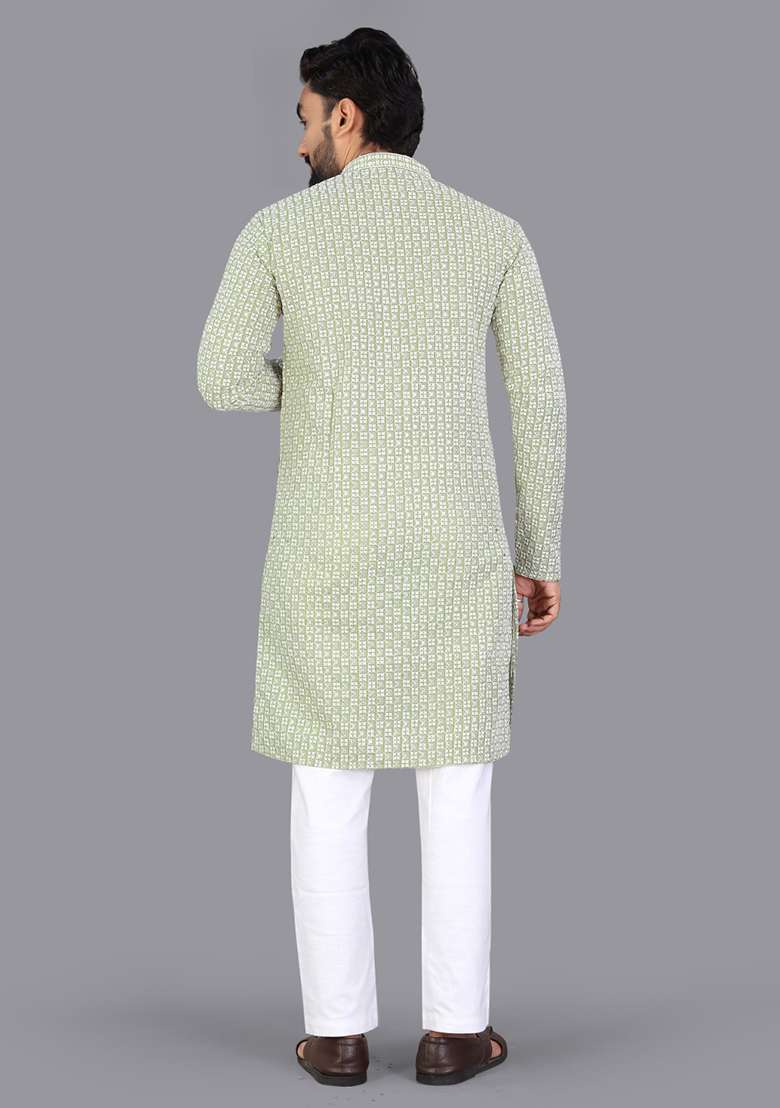Green Embroidery Silk Men Kurta Set - Indya