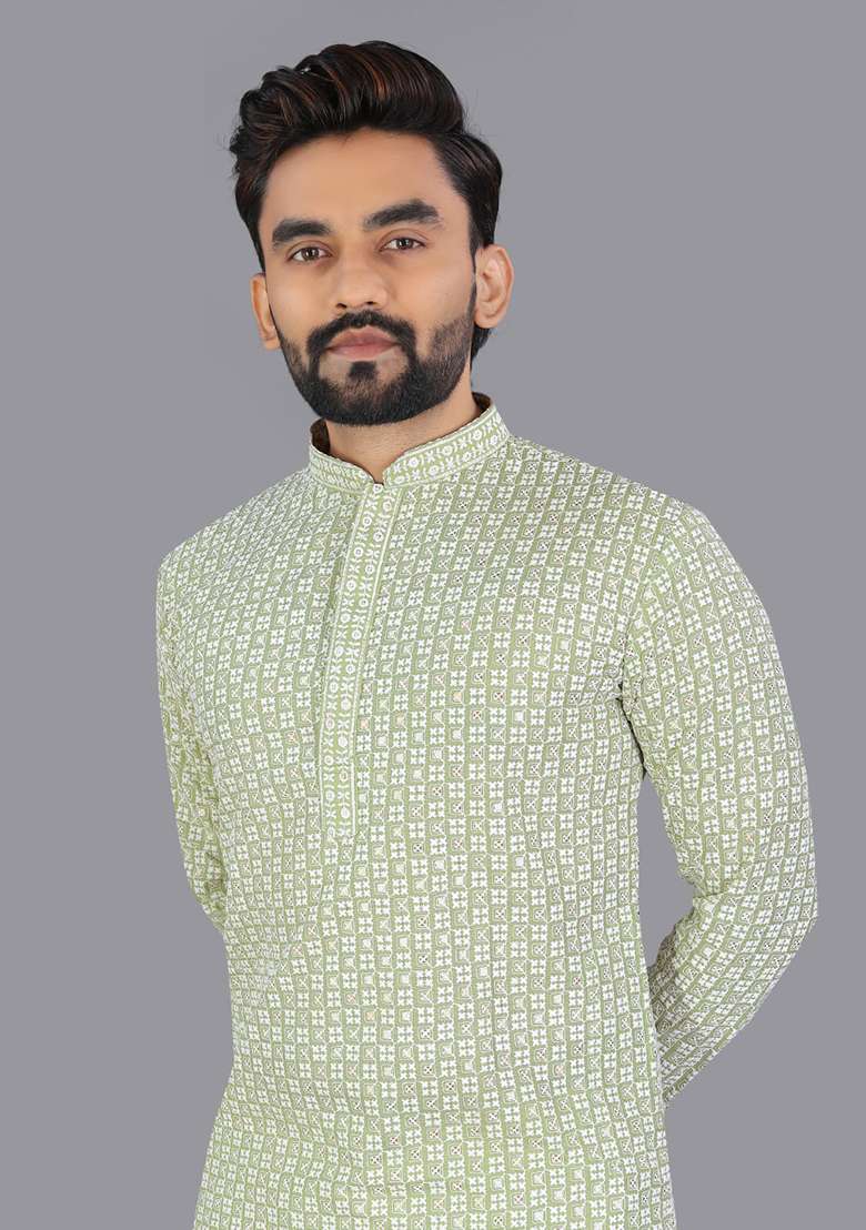 Green Embroidery Silk Men Kurta Set - Indya