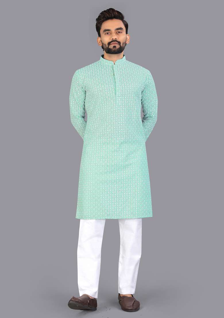 Green Embroidery Silk Men Kurta Set - Indya