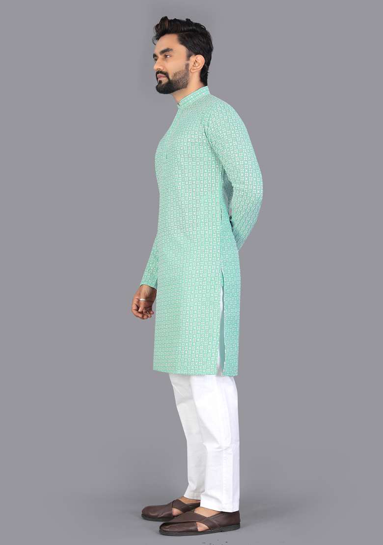 Green Embroidery Silk Men Kurta Set - Indya