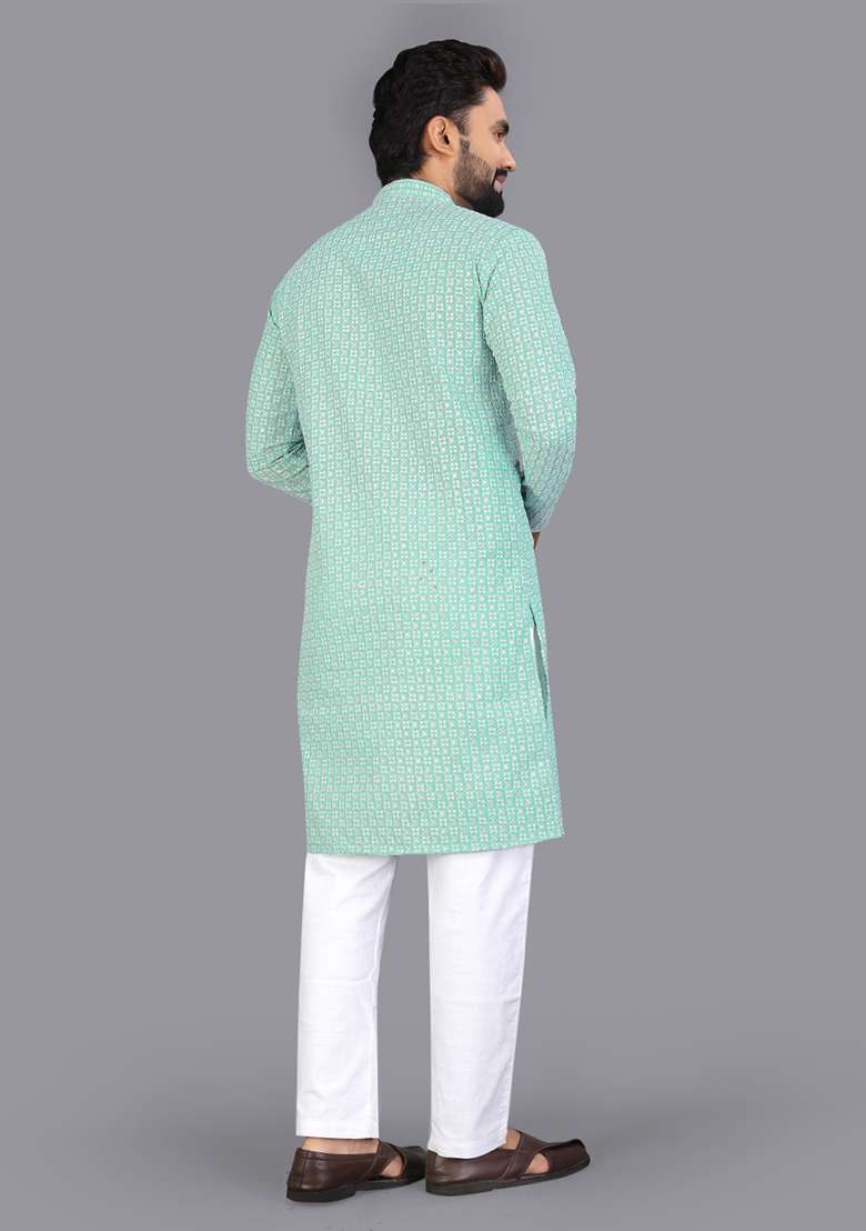 Green Embroidery Silk Men Kurta Set - Indya