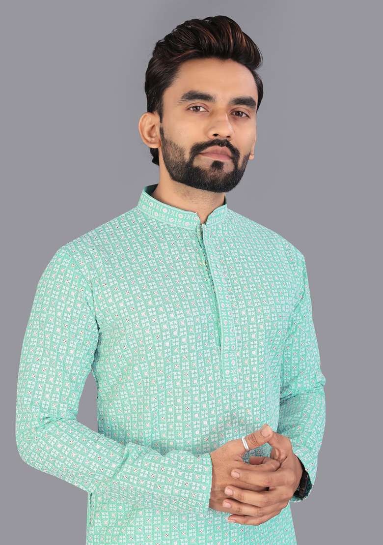 Green Embroidery Silk Men Kurta Set - Indya