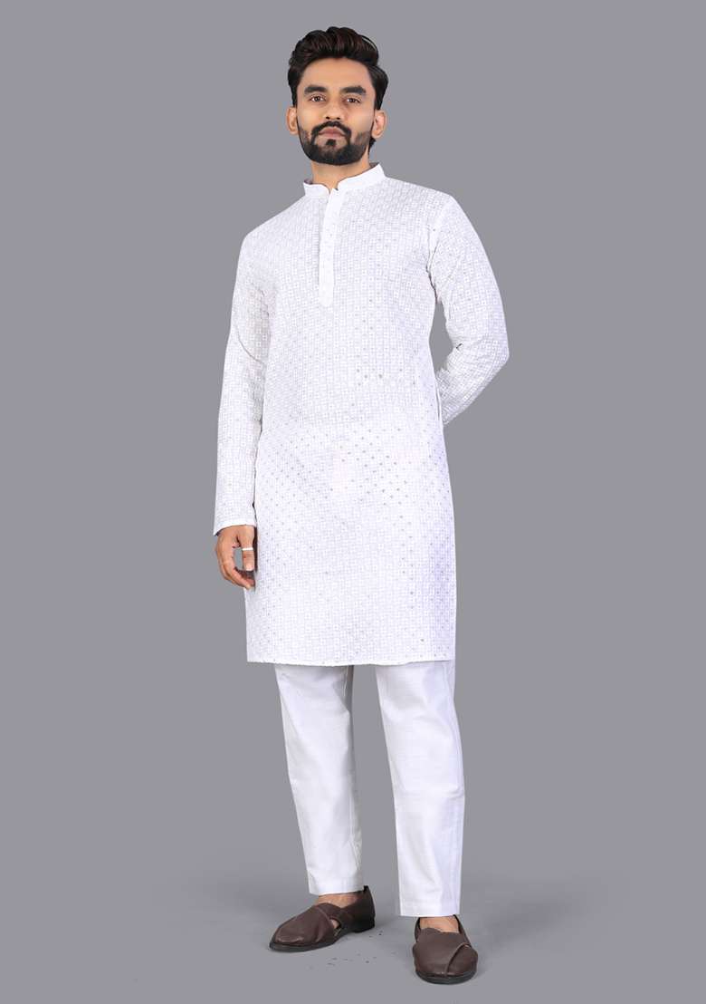 White Embroidery Silk Men Kurta Set - Indya