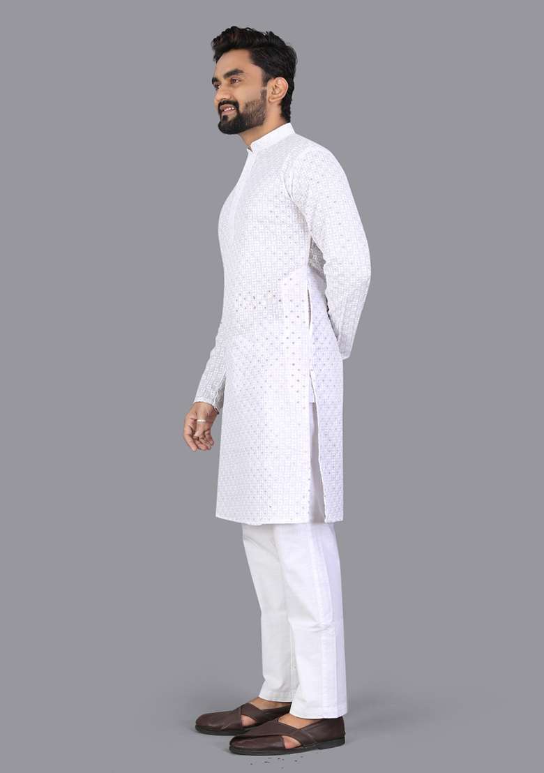 White Embroidery Silk Men Kurta Set - Indya