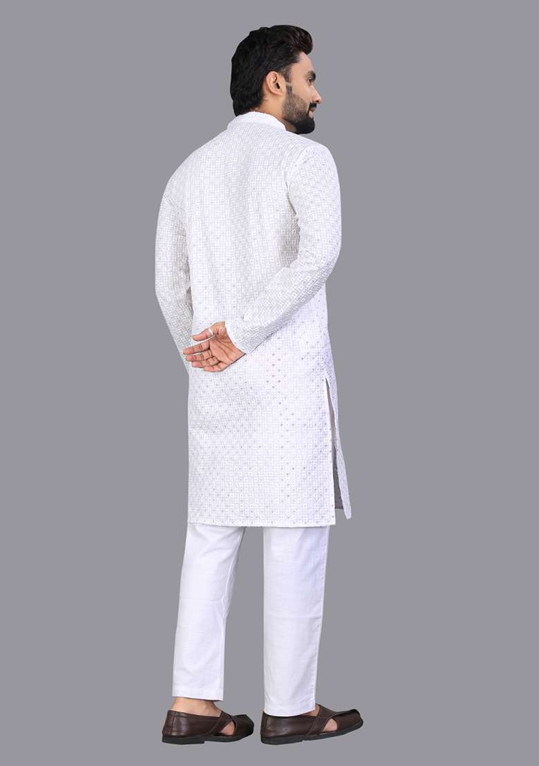 White Embroidery Silk Men Kurta Set - Indya