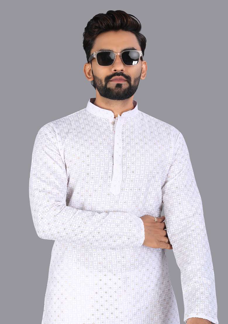 White Embroidery Silk Men Kurta Set - Indya