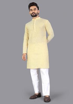 Yellow Embroidery Silk Men Kurta Set