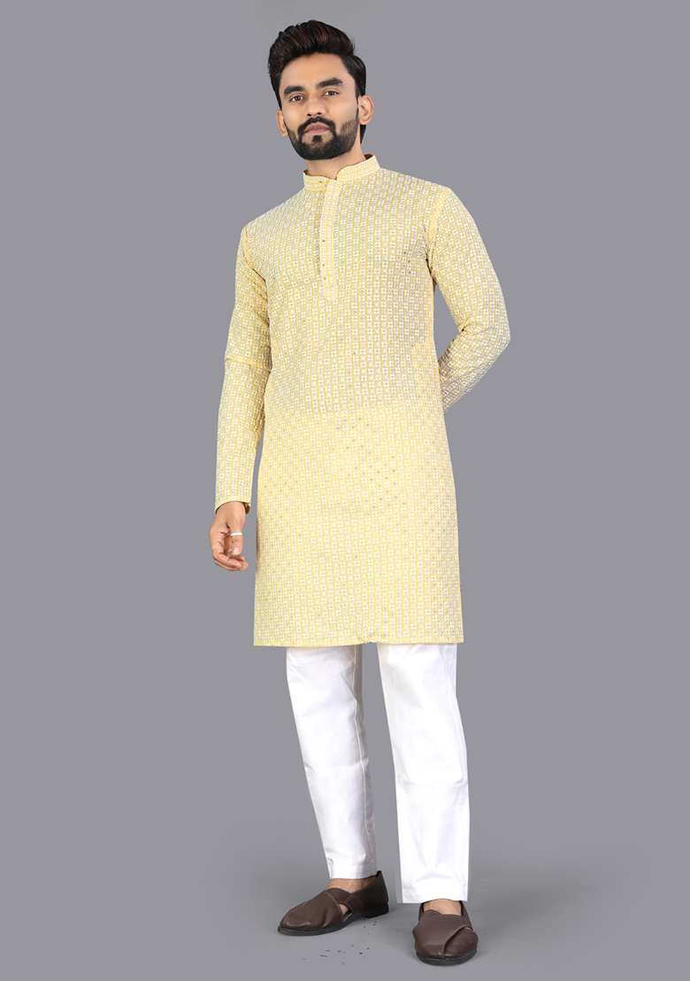 Yellow Embroidery Silk Men Kurta Set - Indya