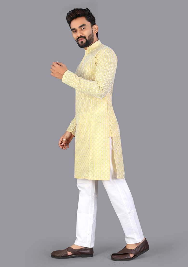 Yellow Embroidery Silk Men Kurta Set - Indya