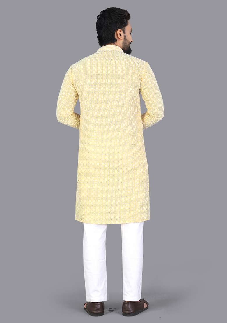 Yellow Embroidery Silk Men Kurta Set - Indya
