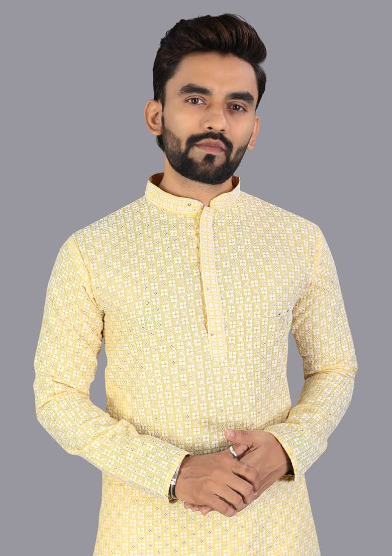 Yellow Embroidery Silk Men Kurta Set - Indya