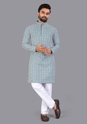 Blue Embroidery Silk Men Kurta Set