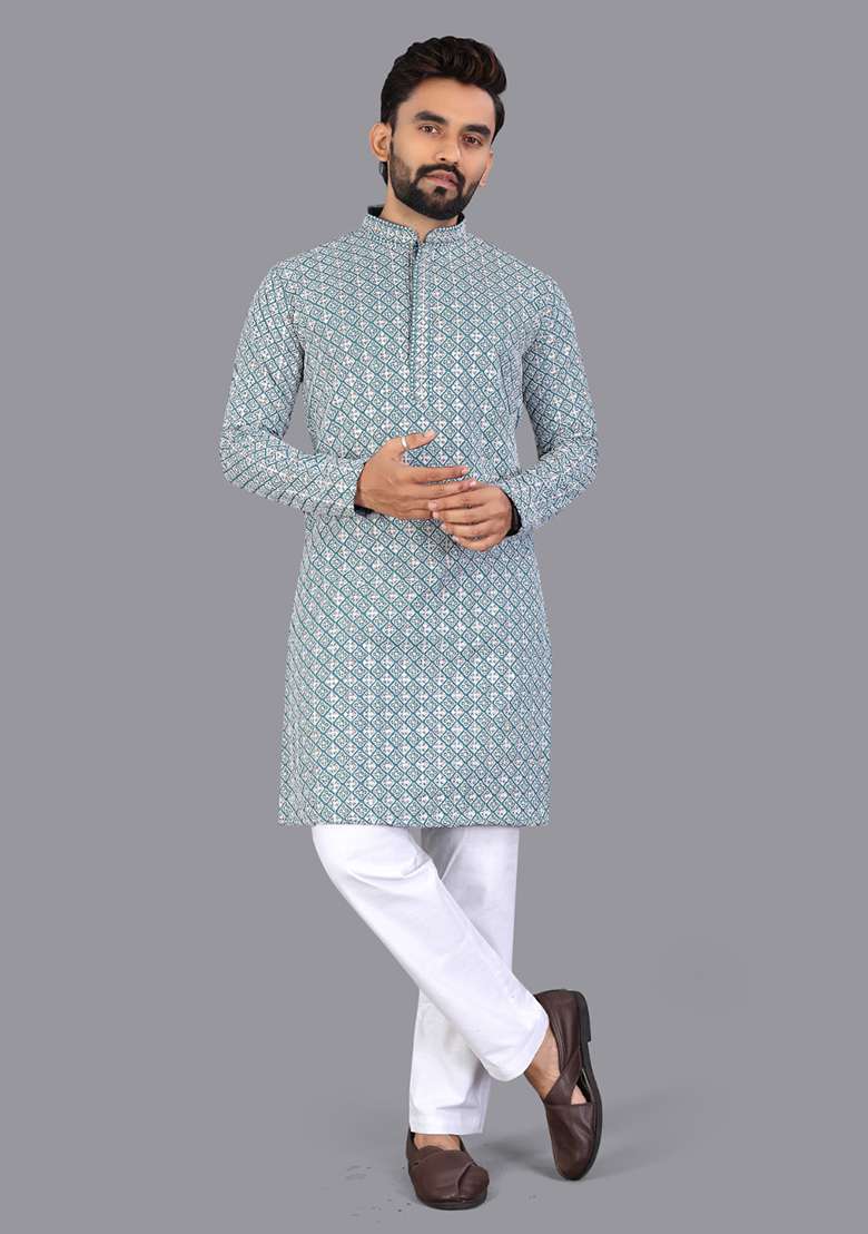 Blue Embroidery Silk Men Kurta Set - Indya