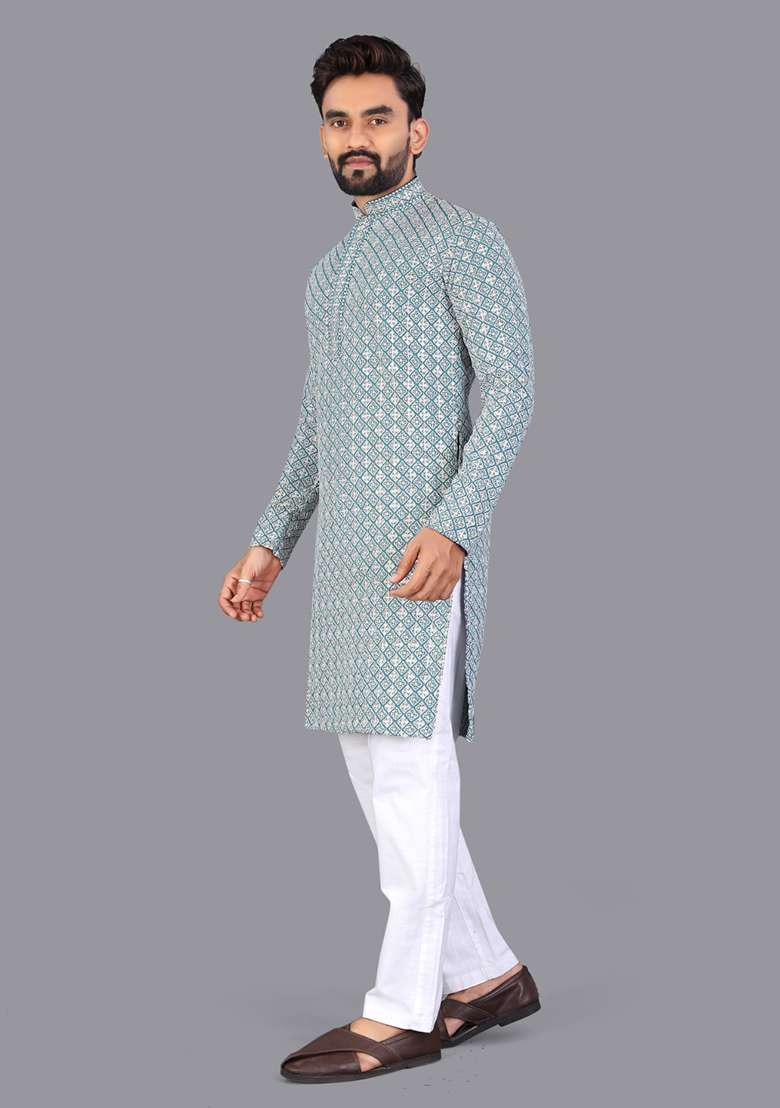 Blue Embroidery Silk Men Kurta Set - Indya