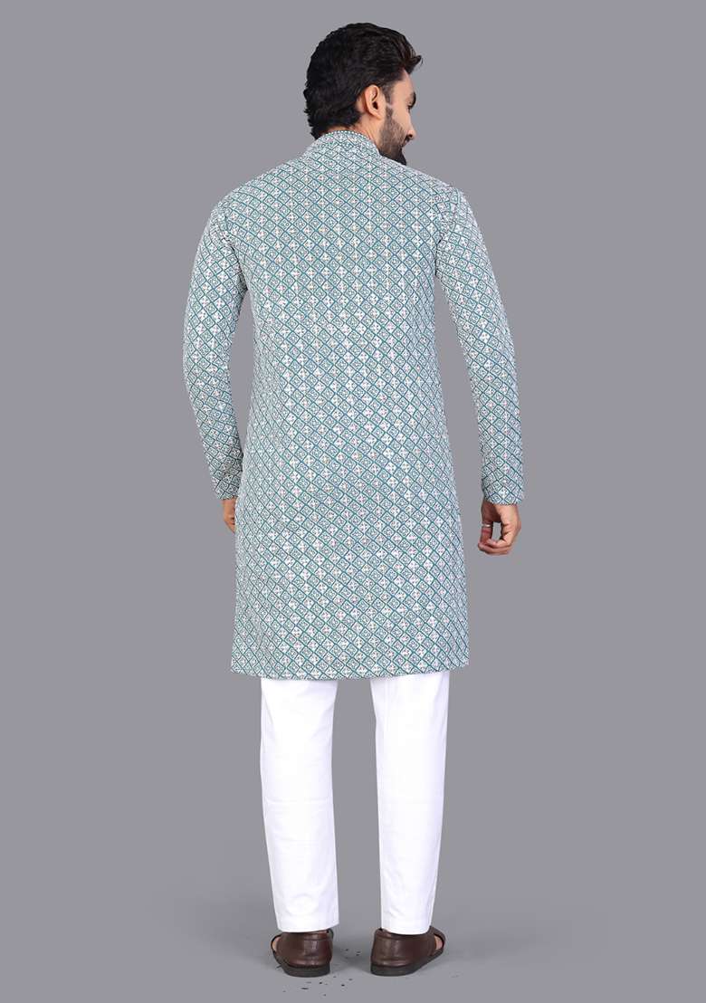 Blue Embroidery Silk Men Kurta Set - Indya