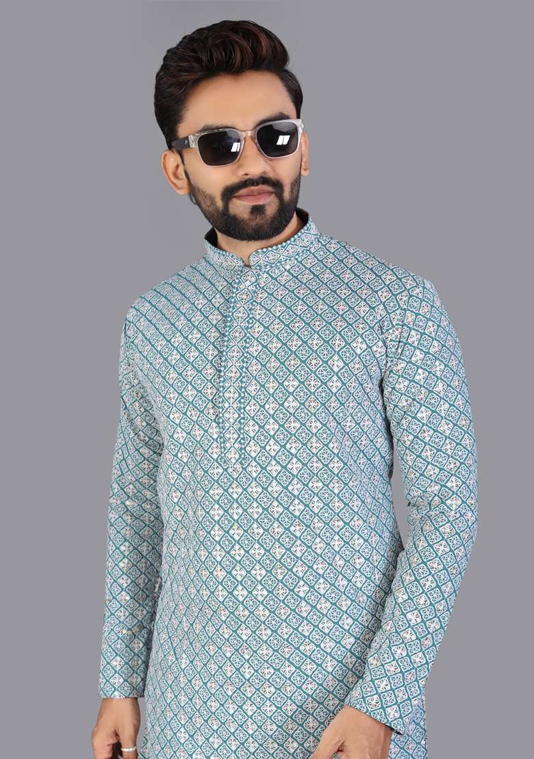 Blue Embroidery Silk Men Kurta Set - Indya