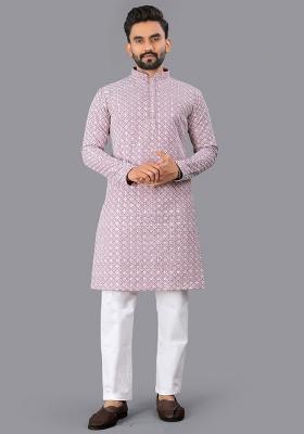 Purple Embroidery Silk Men Kurta Set