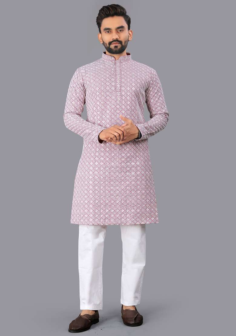 Purple Embroidery Silk Men Kurta Set - Indya
