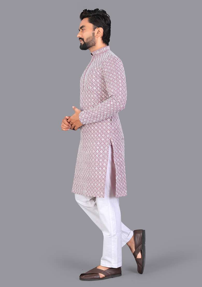 Purple Embroidery Silk Men Kurta Set - Indya