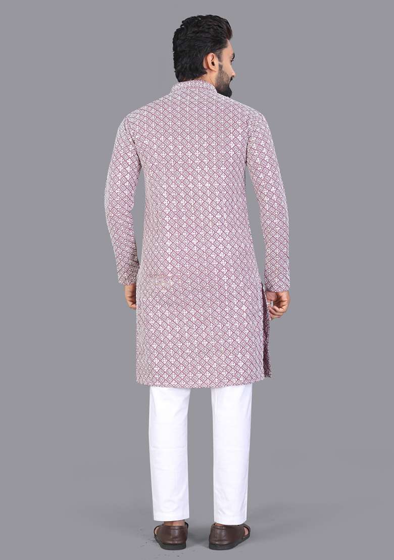 Purple Embroidery Silk Men Kurta Set - Indya