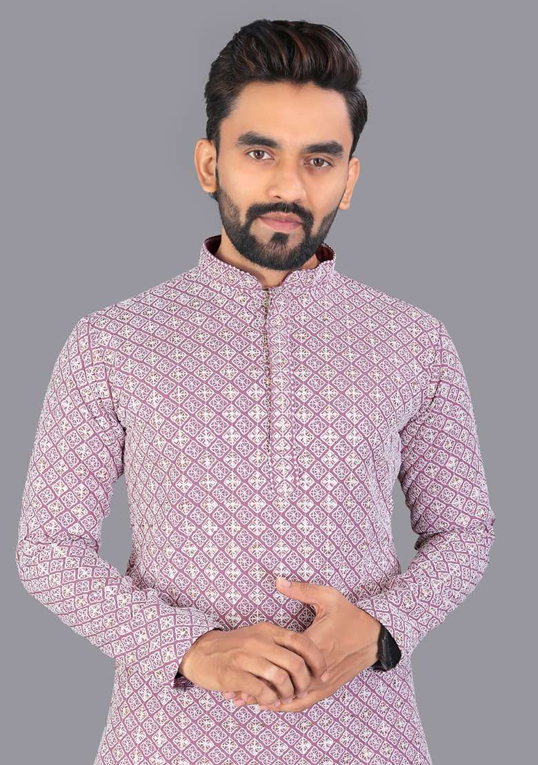 Purple Embroidery Silk Men Kurta Set - Indya