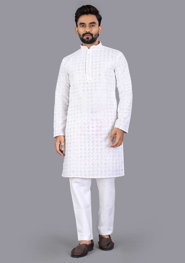 White Embroidery Silk Men Kurta Set - Indya
