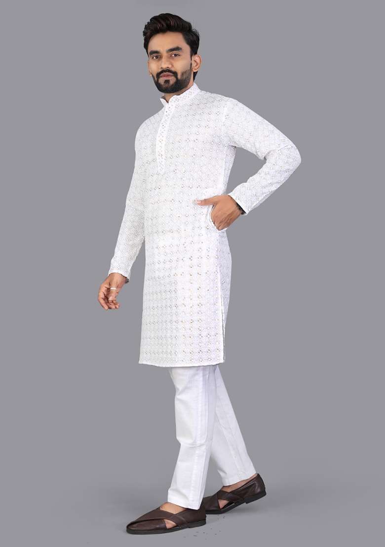 White Embroidery Silk Men Kurta Set - Indya