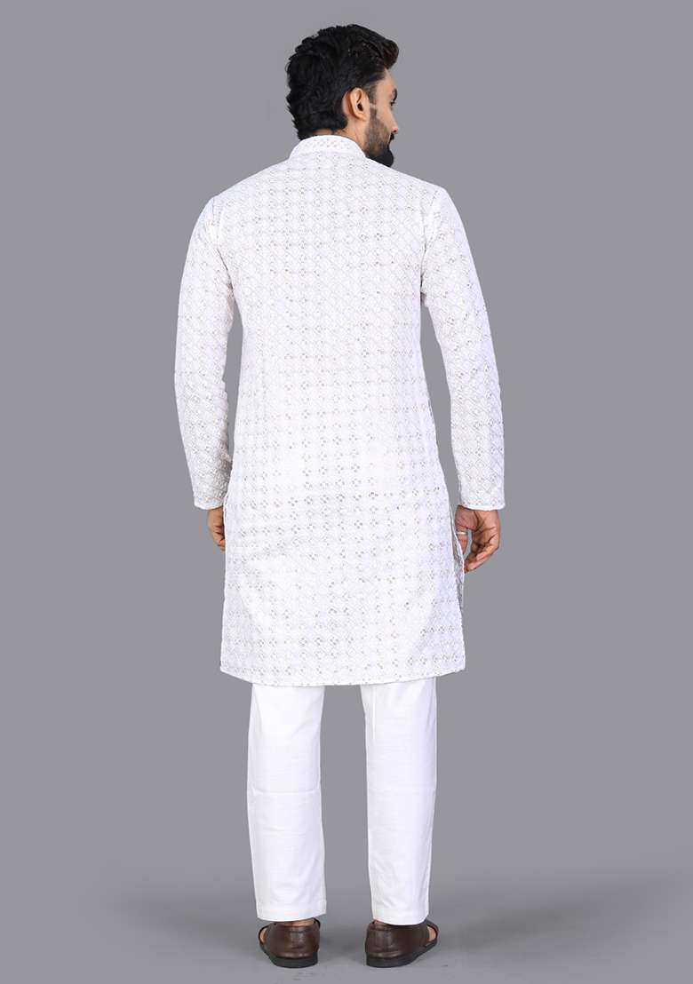 White Embroidery Silk Men Kurta Set - Indya