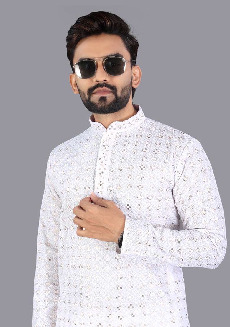 White Embroidery Silk Men Kurta Set - Indya