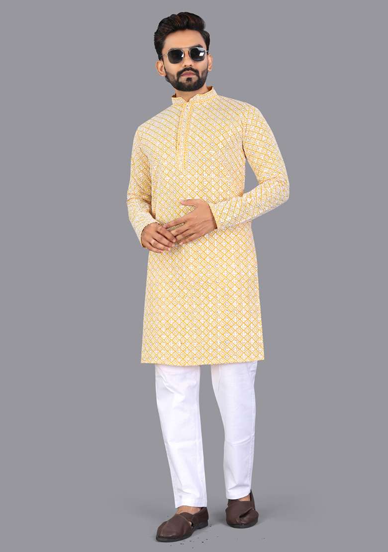 Yellow Embroidery Silk Men Kurta Set - Indya