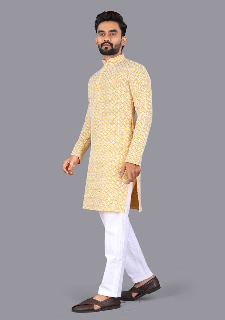 Yellow Embroidery Silk Men Kurta Set - Indya