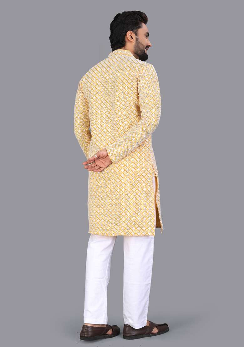Yellow Embroidery Silk Men Kurta Set - Indya