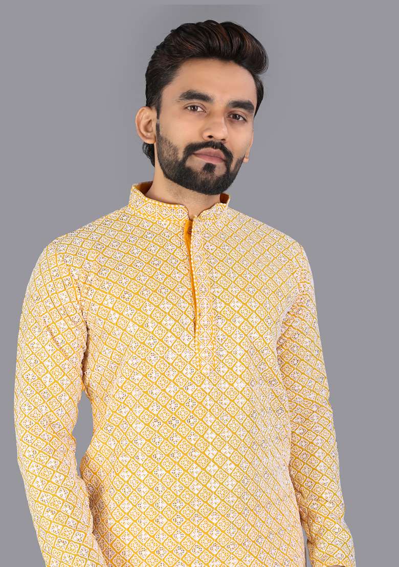 Yellow Embroidery Silk Men Kurta Set - Indya