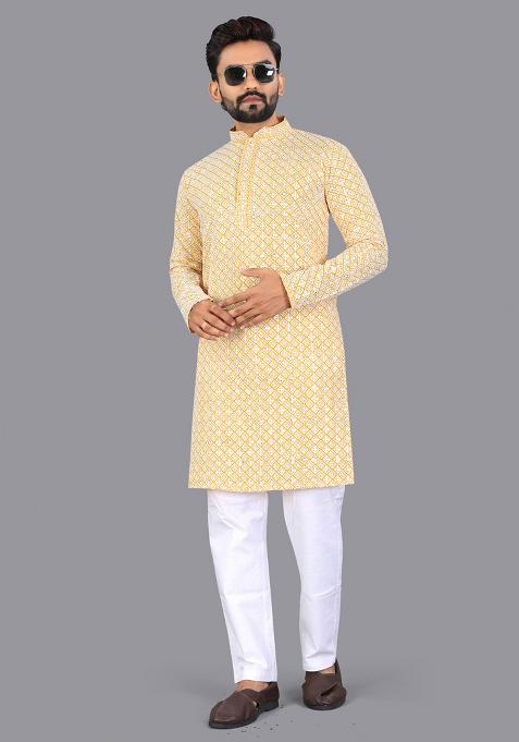 Yellow Embroidery Silk Men Kurta Set