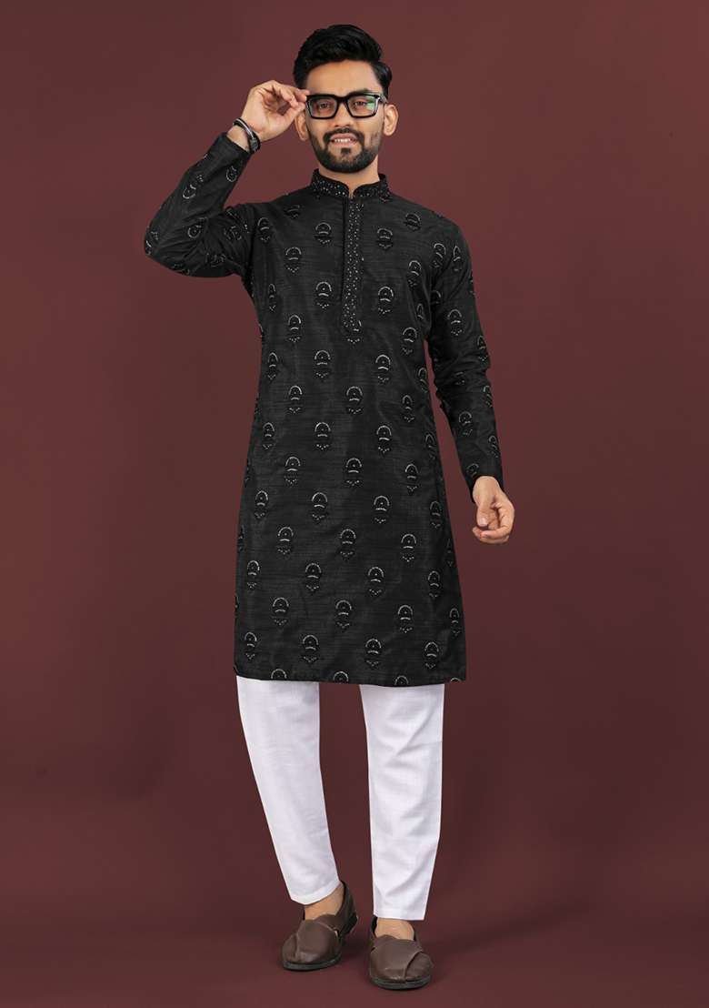 Black Embroidery Silk Men Kurta Set - Indya