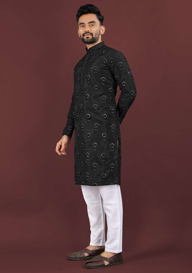 Black Embroidery Silk Men Kurta Set - Indya