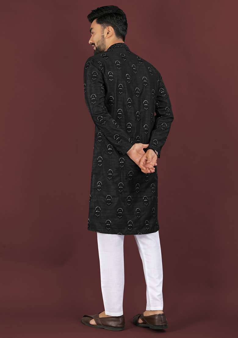 Black Embroidery Silk Men Kurta Set - Indya