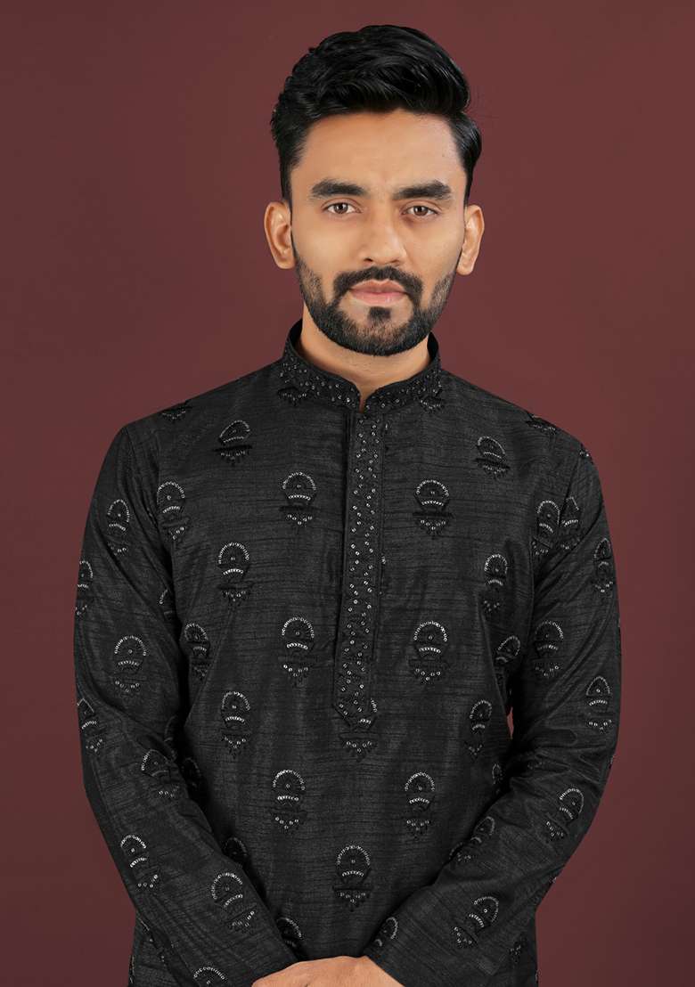 Black Embroidery Silk Men Kurta Set - Indya