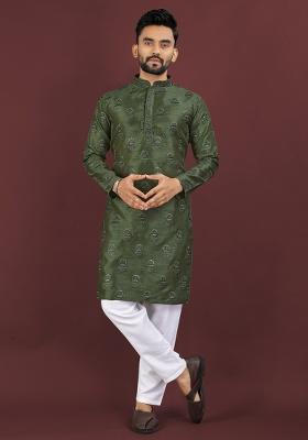 Green Embroidery Silk Men Kurta Set