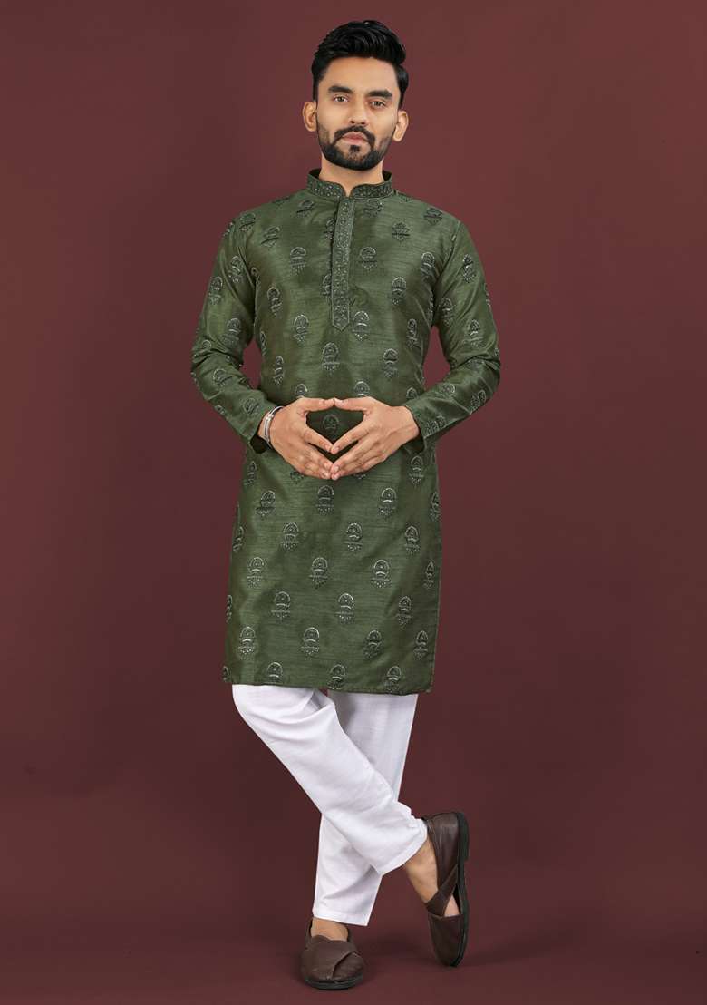 Green Embroidery Silk Men Kurta Set - Indya